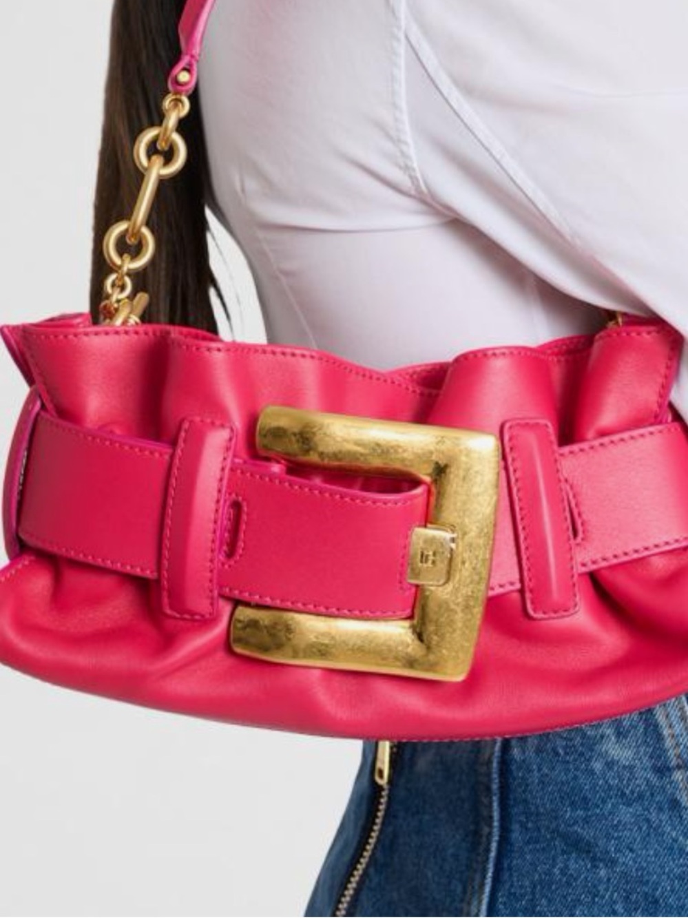 Balmain Belted Shoulder Bag Vibrant Pink with Gold Buckle